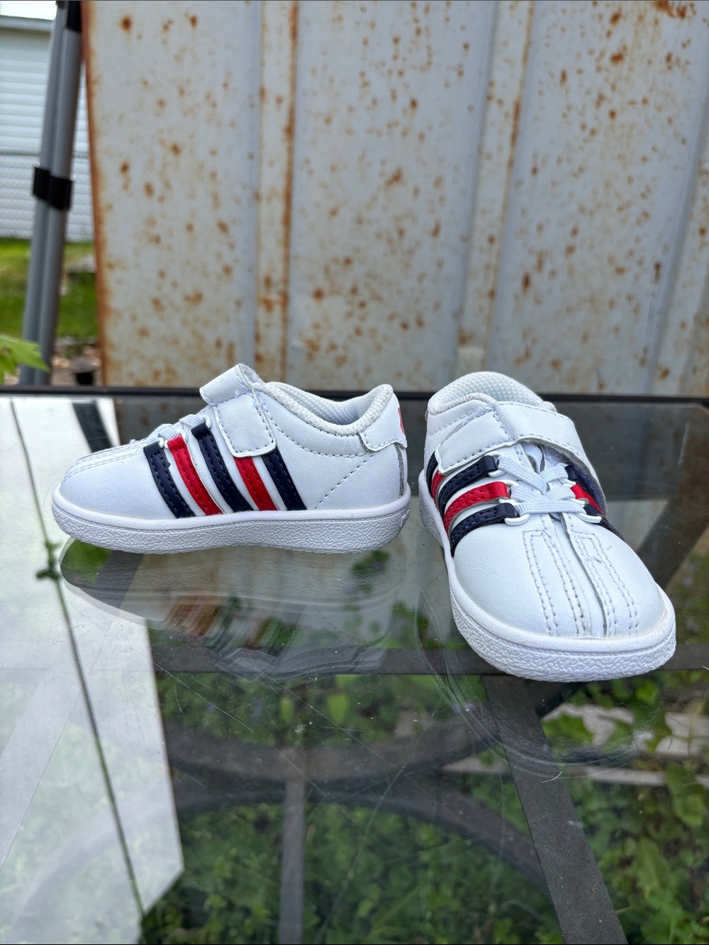 Kids White Sneakers with Red & Navy Stripe Accents - Velcro Closure
